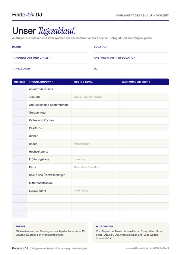 Vorschau der PDF-Vorlage Tagesablauf Hochzeit mit leerer Tabelle für Uhrzeit, Programm, Musik und Zuständigkeit